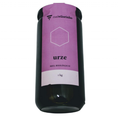 Frasco de mel biológico de urze da marca melvilarinho com rótulo roxo