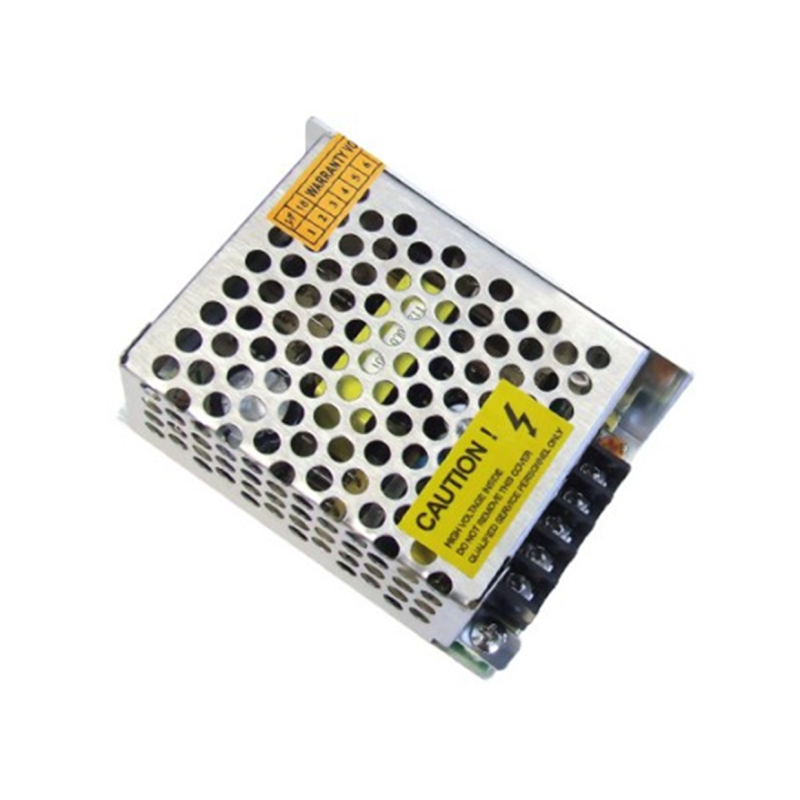 Fonte de alimentação metálica com orifícios e etiquetas de segurança