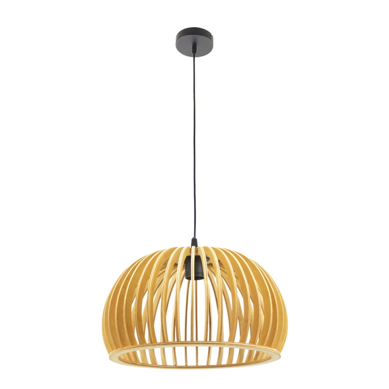 Candeeiro de teto pendente com estrutura de lâminas curvas em tom madeira clara