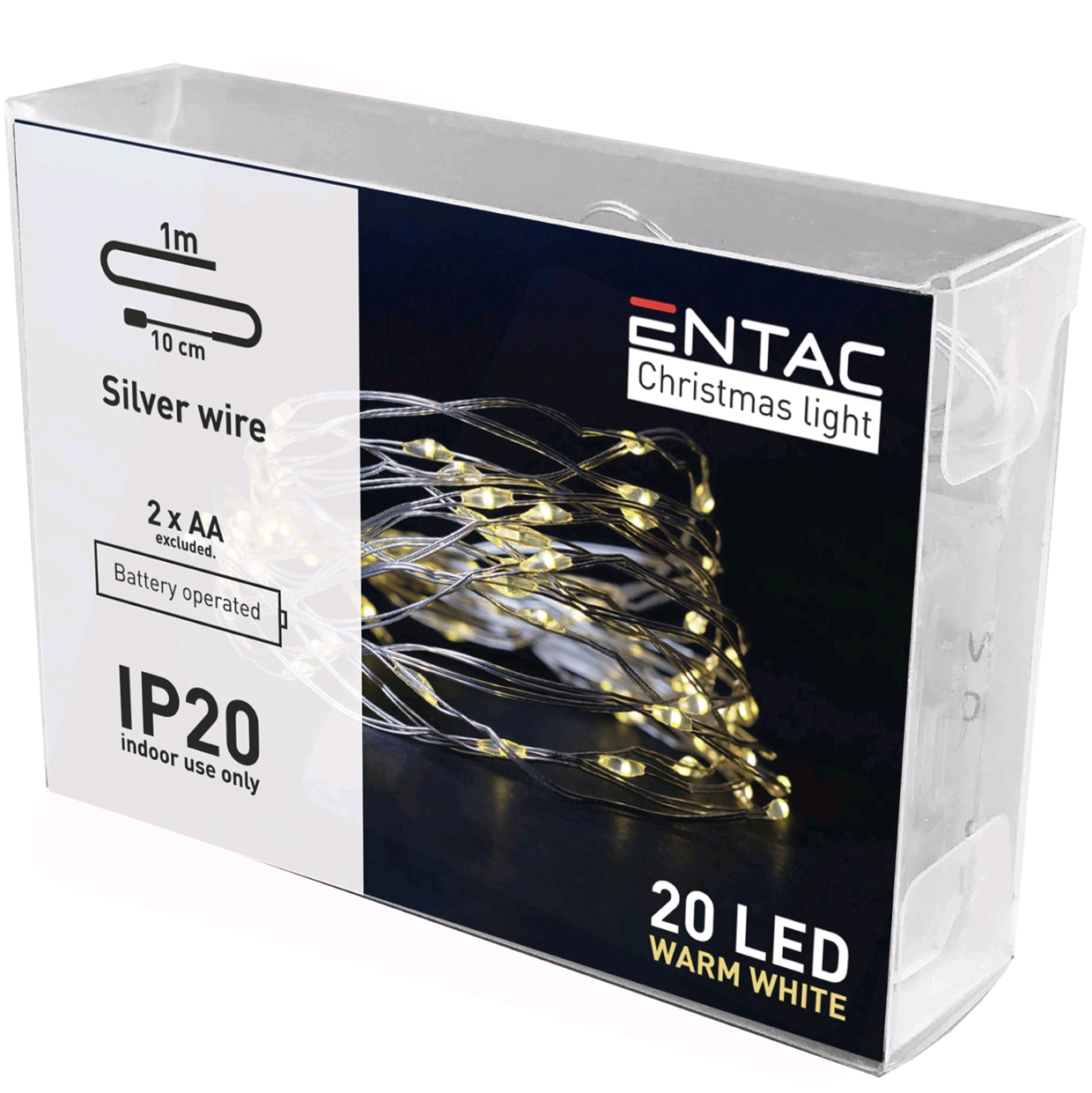 Iluminação de Natal ENTAC com 20 LEDs luz quente em fio de arame prateado em embalagem transparente