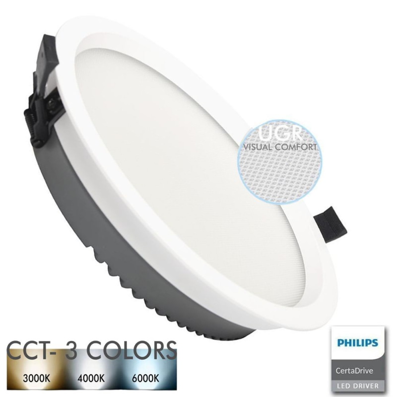 Luminária LED redonda embutida com filtro de luz e indicações de temperatura de cor
