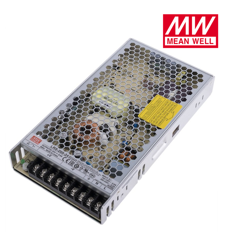 Fonte de alimentação metálica Mean Well com padrão de ventilação em hexágonos e texto técnico