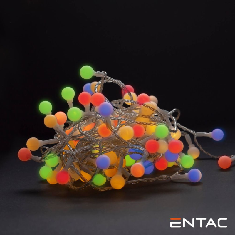 Luzes LED coloridas em bolas sobre fundo preto com marca ENTAC