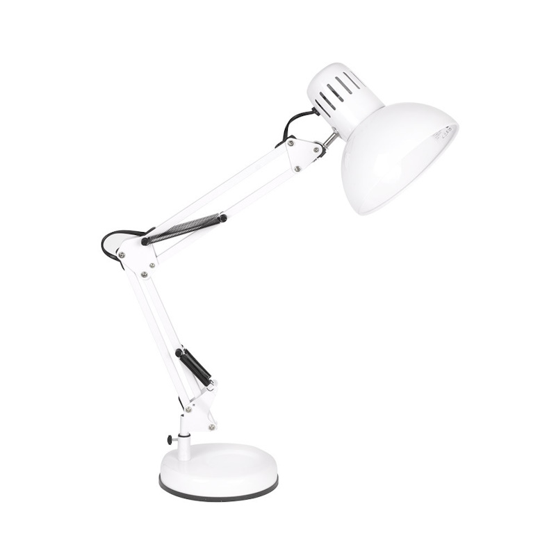 Candeeiro de secretária articulado branco com base redonda e suporte metálico ajustável