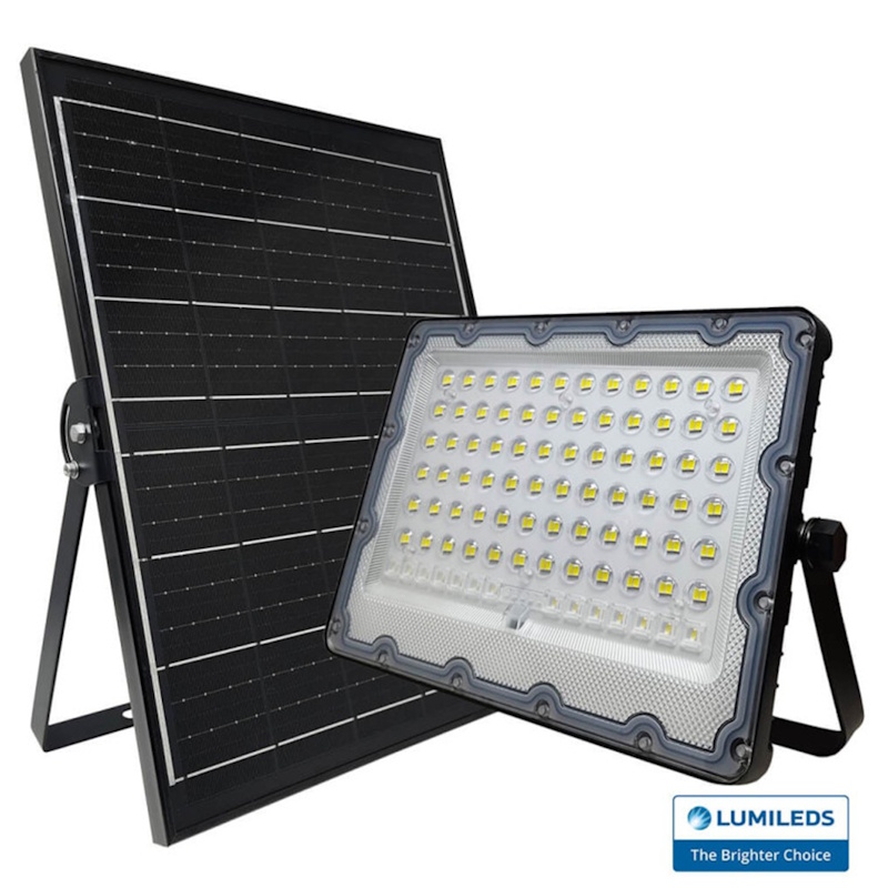 Painel solar preto e luz LED com múltiplos LEDs amarelos em suporte metálico.