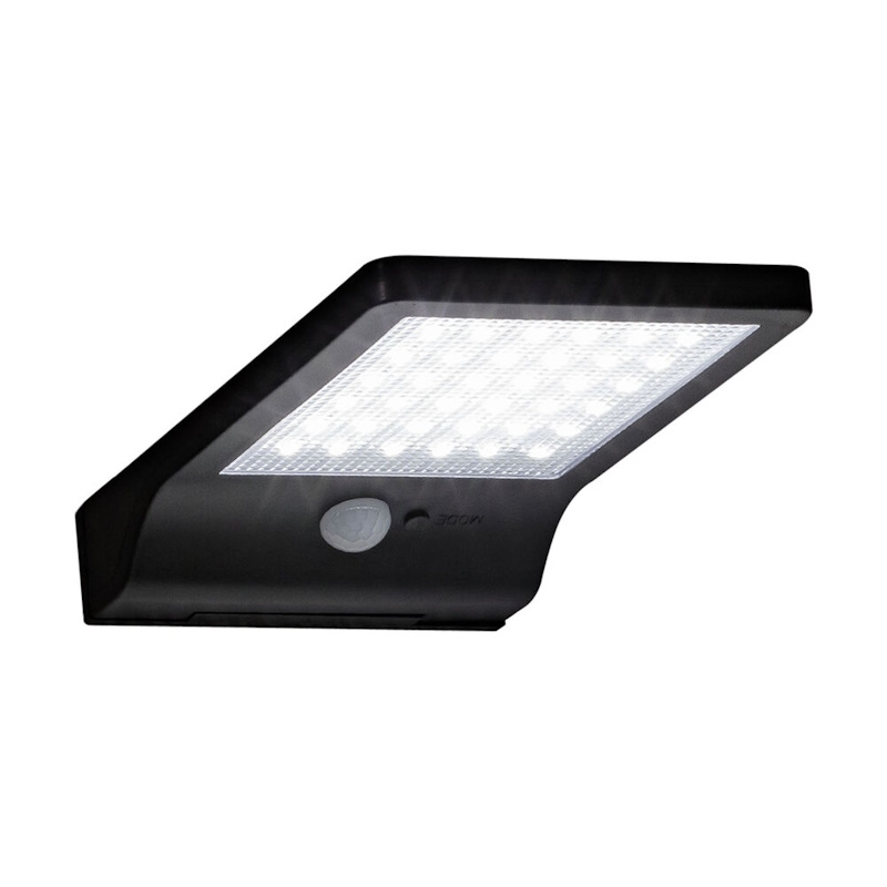 Luz de parede exterior preta com painel LED branco e sensor de movimento