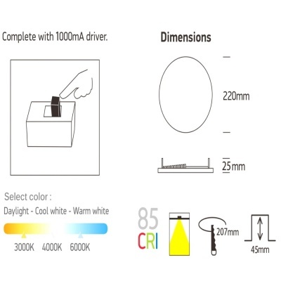 Esquema técnico de produto de iluminação com controlador, dimensões e temperaturas de cor.