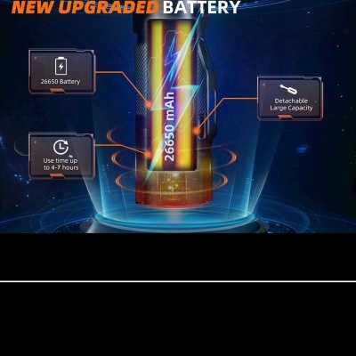 Bateria recarregável 26650 mAh com texto informativo e efeitos de luz azul