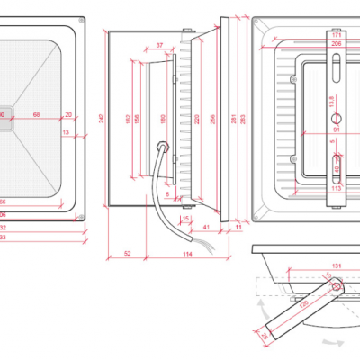 Desenho técnico com medidas de projetor LED quadrado e seus componentes