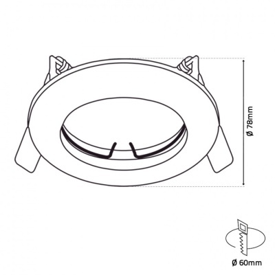 Desenho técnico de luminária embutida redonda com dimensões de corte e fixação