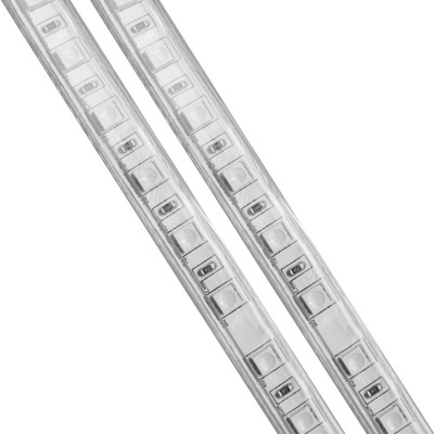 Duas tiras LED transparentes com pequenos módulos LED quadrados.