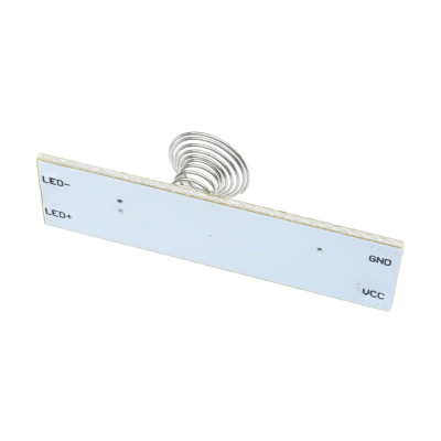 Placa eletrónica branca com mola metálica e marcações LED-, LED+, GND e VCC