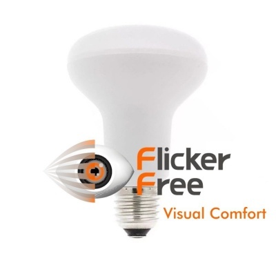 Lâmpada branca com texto Flicker Free Visual Comfort ao lado