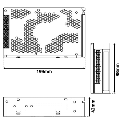 Desenho técnico de uma fonte de alimentação com grelhas hexagonais e conectores