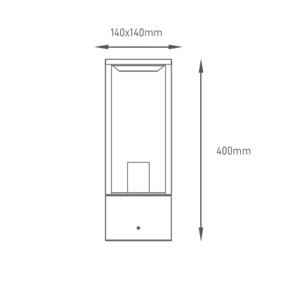 Desenho técnico de recipiente retangular com medidas 140x140mm e 400mm de altura
