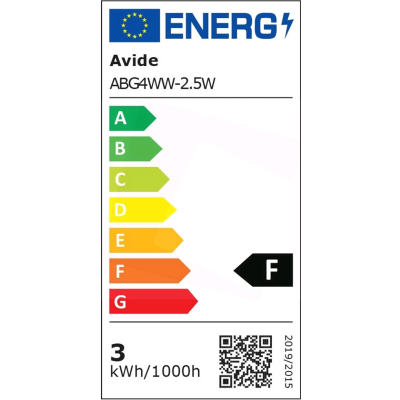 Etiqueta energética da União Europeia para um produto Avide ABG4WW-2.5W classificado como F