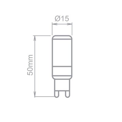 Desenho técnico de lâmpada cilíndrica com base de dois pinos e dimensões 50 mm por 15 mm
