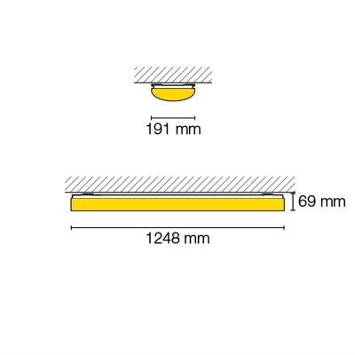 Desenho técnico de luminária retangular amarela com dimensões