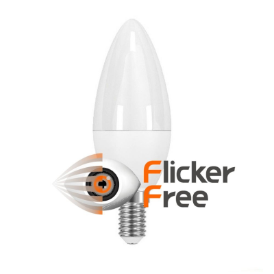 Lâmpada LED branca formato vela com base metálica e texto Flicker Free