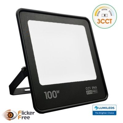 Projetor LED preto 100W com vidro branco e suportes ajustáveis