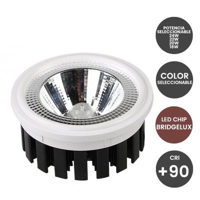 Lâmpada LED branca com dissipador preto e textos sobre potência, cor, chip e índice CRI