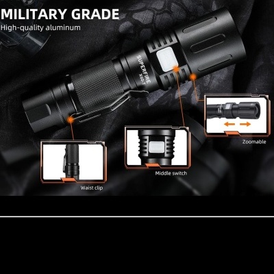 Lanterna preta em alumínio com clipe, interruptor e zoom