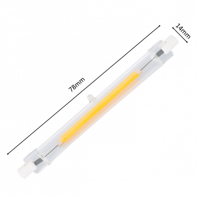 Lâmpada LED tubular transparente com filamento amarelo e pontas brancas