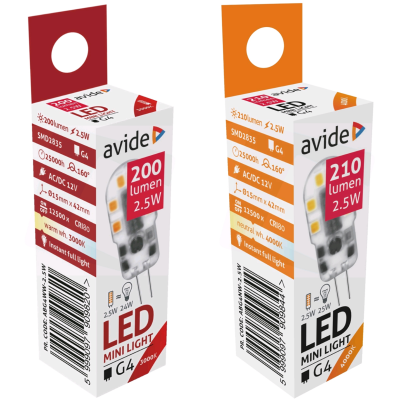Duas embalagens de luzes LED mini G4 com 200 e 210 lúmens e 2,5W em cores vermelho e laranja.