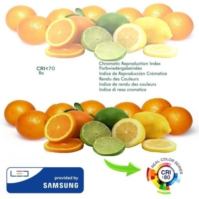 Frutas cítricas em diferentes índices de reprodução cromática com logos LED Samsung e Real Color Series