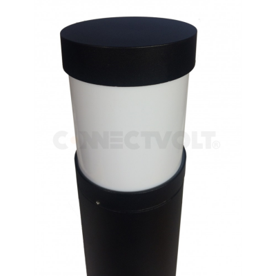 Poste de iluminação exterior cilíndrico preto com difusor branco e tampa preta.