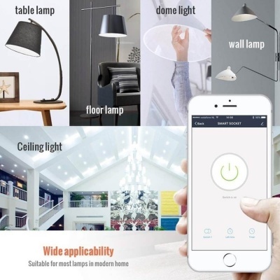 Diferentes tipos de candeeiros e telemóvel com app SMART SOCKET para controlo