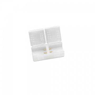 Estojo branco translúcido com tampa dividida e dois pequenos objetos dourados no interior