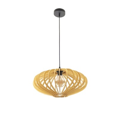 Luminária suspensa de madeira com lâmpada exposta