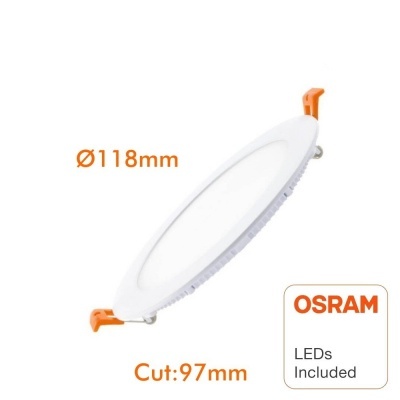 Lâmpada LED redonda branca com presilhas laranjas e texto OSRAM