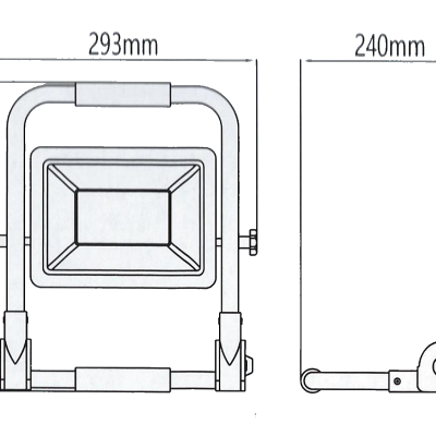 Projetor LED retangular branco com estrutura metálica e suportes ajustáveis, vistas frontal e lateral com medidas.