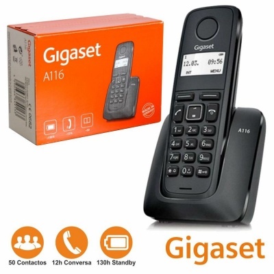 Telefone fixo Gigaset A116 preto com base e caixa laranja