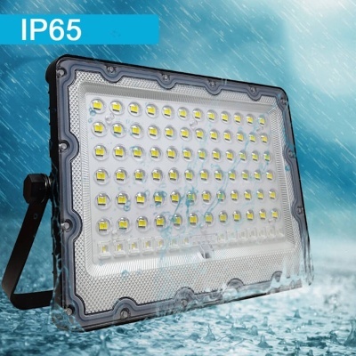 Refletor LED preto com várias lâmpadas LED dentro de capa transparente e selo IP65