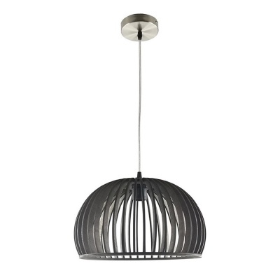 Luminária pendente metálica preta com tiras espaçadas e cabo prateado