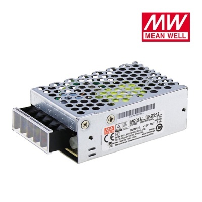 Fonte de alimentação Mean Well RS-25-12 com caixa metálica e etiquetas técnicas.