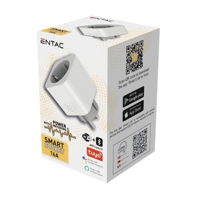 Caixa branca de tomada inteligente ENTAC SMART SOCKET 16A com textos e códigos QR