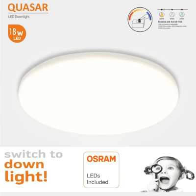 Downlight LED redondo branco iluminado com texto e imagem de criança com óculos.