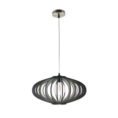 Lustre pendente com estrutura oval em madeira preta e suporte metálico prateado
