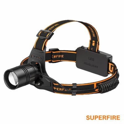 Lanterna frontal LED preta e laranja com fita ajustável marcada SUPERFIRE