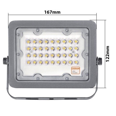Projetor led cinzento com 30 LEDs, etiqueta OSRAM e dimensões 167 mm x 122 mm.