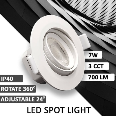 Foco LED spot light branco ajustável com informações técnicas impressas em fundo geométrico preto e branco.