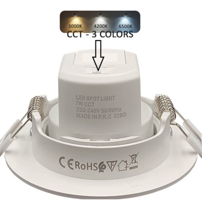 Foco LED redondo branco com informações técnicas e indicações de cor de luz