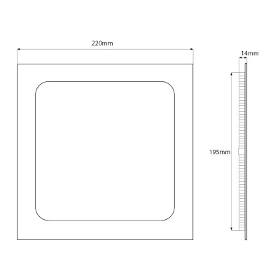 Desenho técnico de objeto quadrado branco com medidas em milímetros