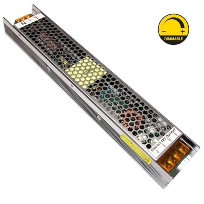 Fonte de alimentação eletrónica retangular metálica com terminais e texto visível