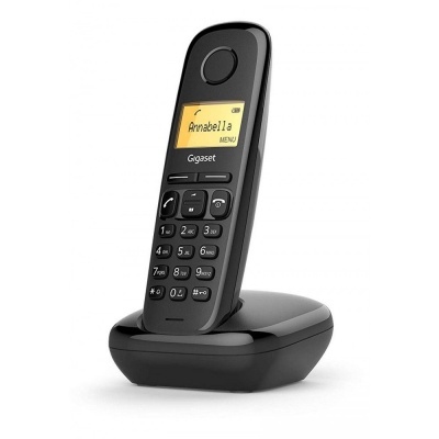 Telefone sem fios preto com ecrã amarelo e base de carregamento