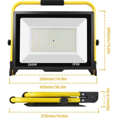 Projetor de luz LED preto com suporte amarelo e dimensões indicadas